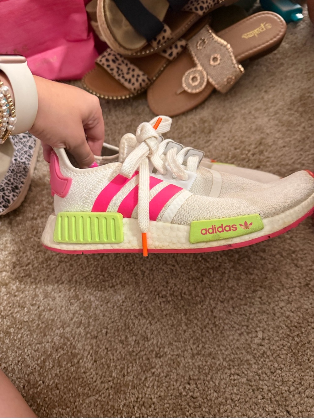 adidas Kids Sneakers in White with Hot Pink & Neon Green Accents
